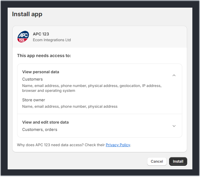 APC 123 App Installation Privacy Details